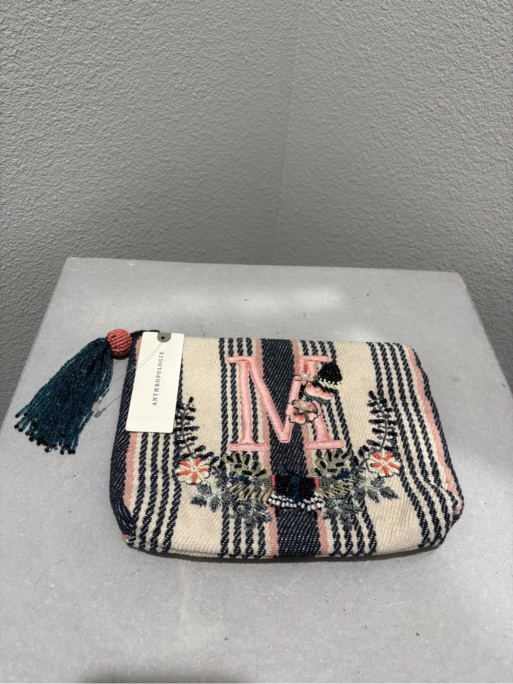Anthropologie Striped Embroidered  Clutch in Cream, Pink & Navy
